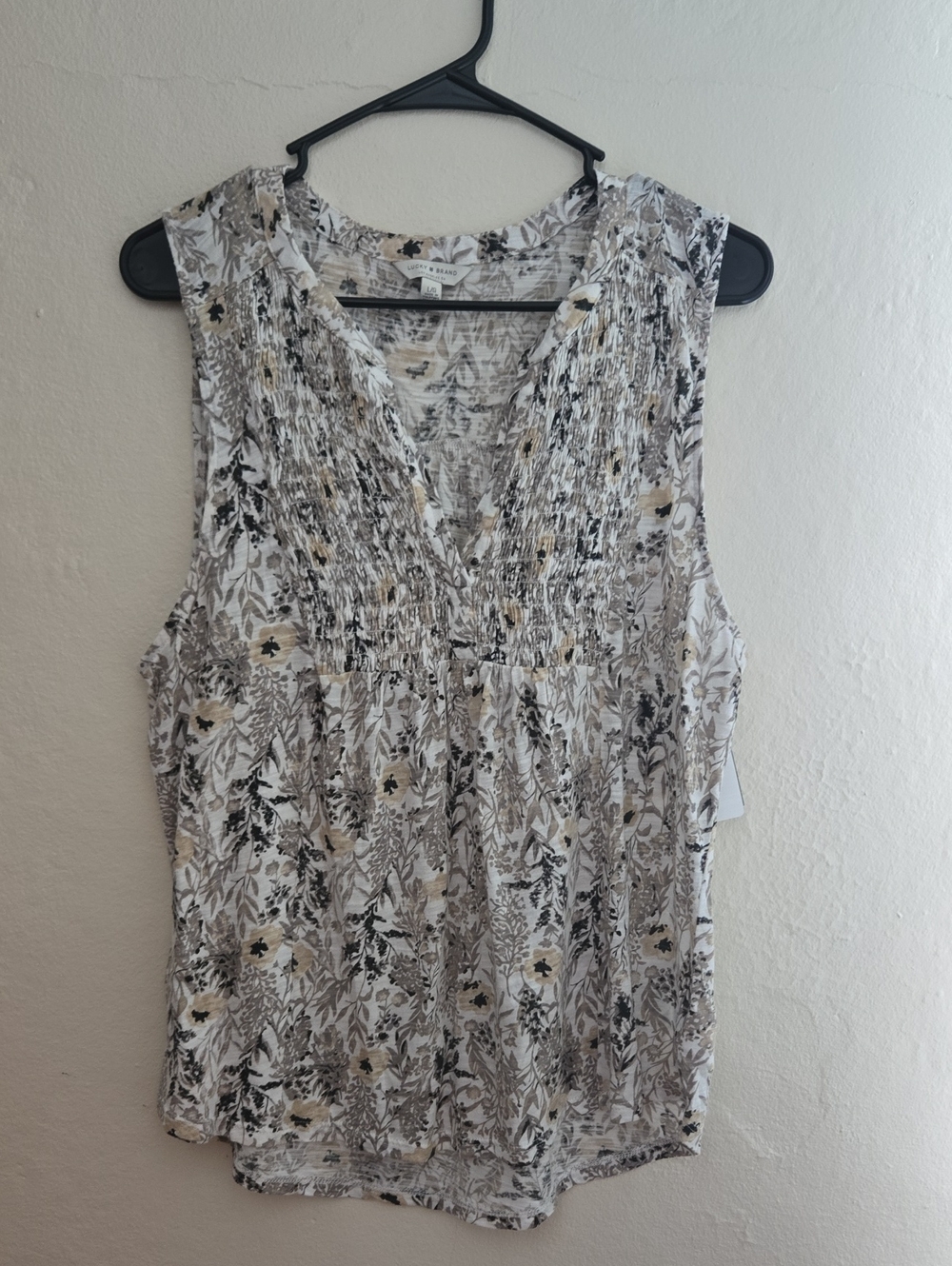 Lucky Brand Neutral Floral Smocked V-Neck Tank